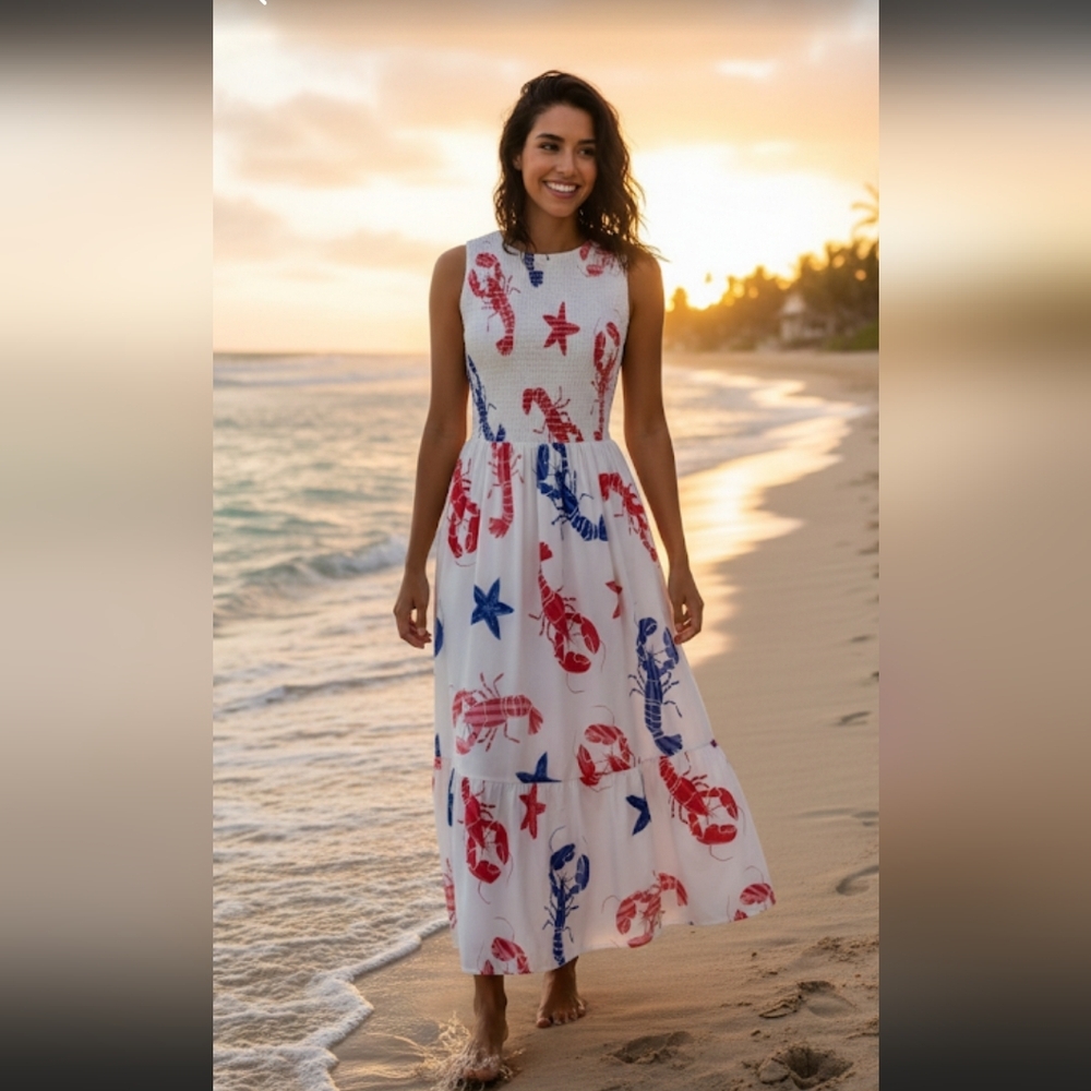 Summer Beach Smocked Midi Dress | Lobster Starfish Nautical Print | Size S